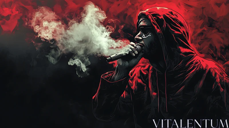 Hooded rapper exhales dramatic smoke cloud in red-lit profile