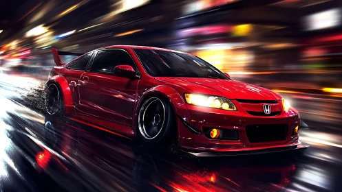 Red tuned Honda races through neon city streets at night