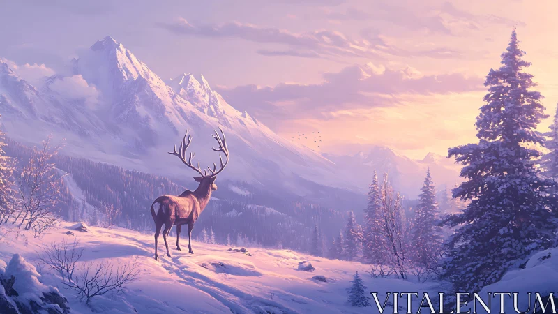 Stag poised in lavender dawn over serene alpine range.