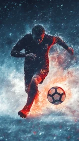Digital rendering shows footballer striking ball amid particles