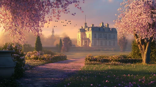 Sunlit neoclassical chateau framed by blooming cherry trees at dawn