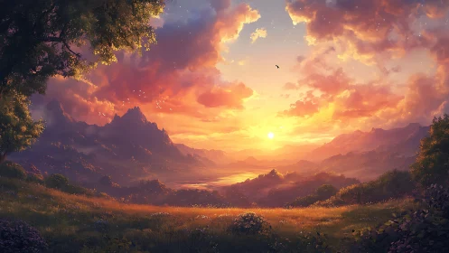 Radiant sunset over tranquil fantasy valley landscape.