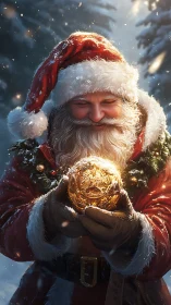 Luminous winter Santa holding ornate gilded orb artifact.