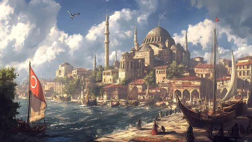 Sunlit harbor city with grand domes and lively sails.