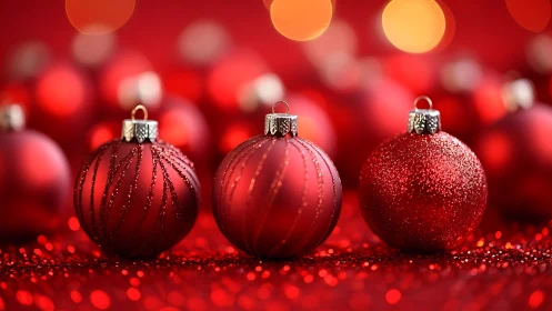Gleaming red Christmas baubles amid glowing bokeh lights.