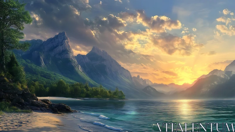 Coastal lake shoreline with distant mountain range at sunrise.