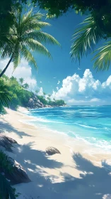 Tropical Coastal Paradise with Palm Fronds and Turquoise Lagoon.