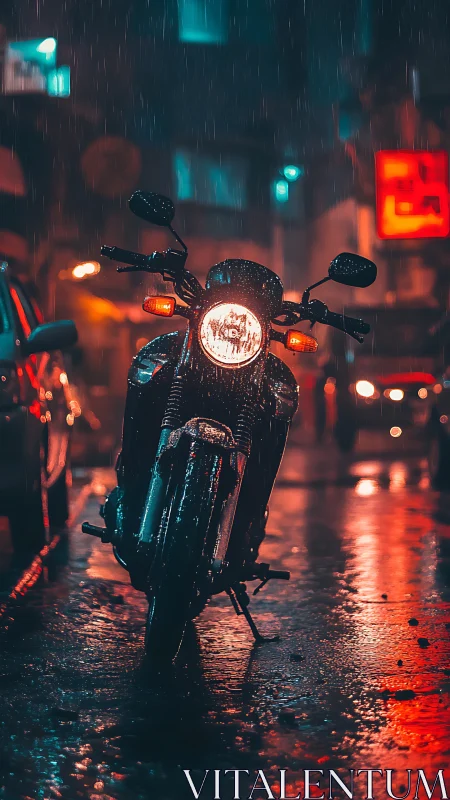 Motorcycle stands in rainy neon-lit city street at night