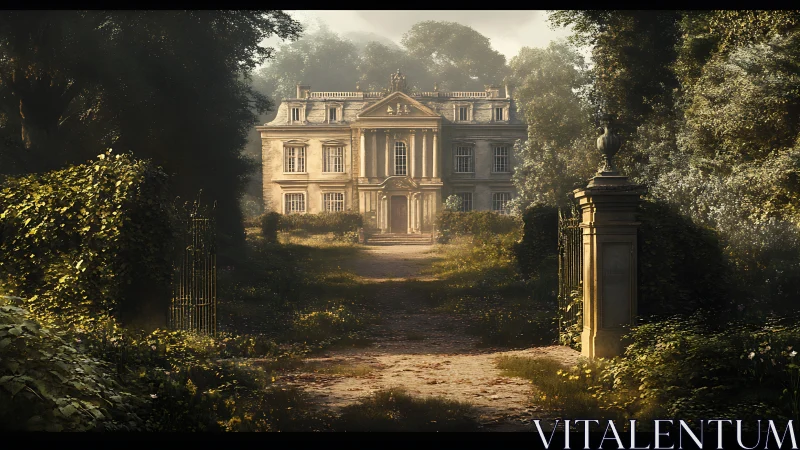 Sunlit manor estate stands beyond an overgrown garden path