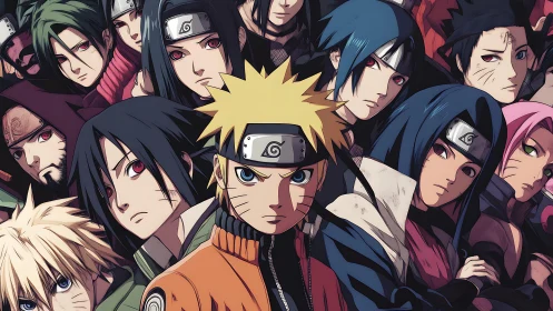 Intense anime ninja ensemble with layered character portraits.