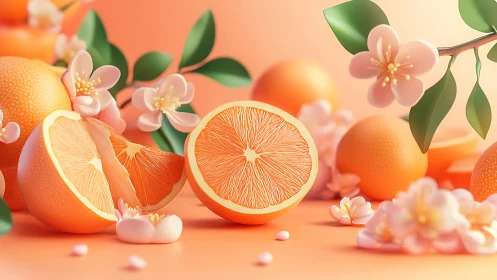 Digital citrus still life with orange blossoms on peach ground.