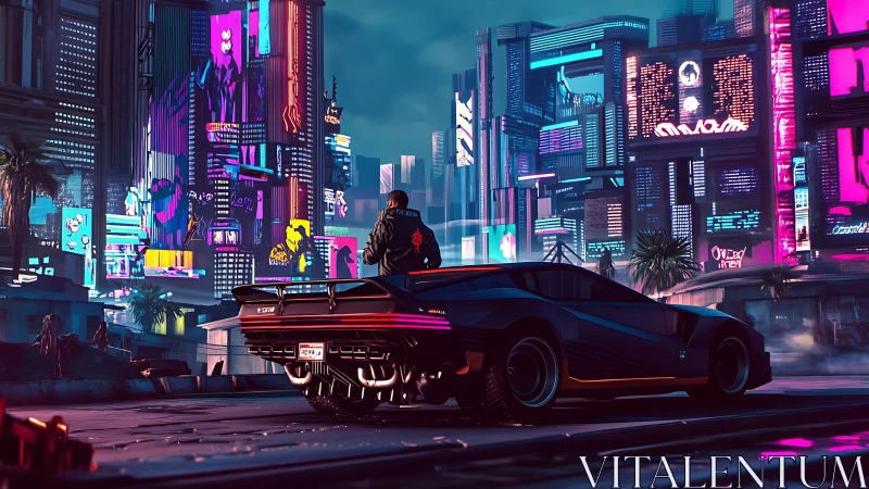 Cyberpunk nightscape with retro-futurist muscle car framing the grid.