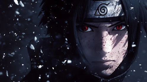 Anime shinobi portrait with red eyes in snowfall close up.