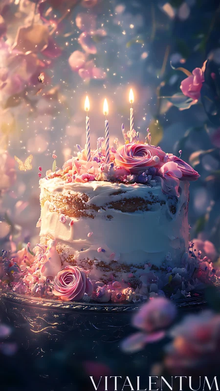 Enchanted Birthday Cake with Glowing Candles and Pink Florals.