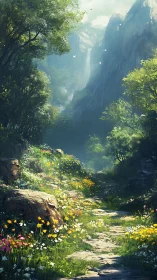 Mountain forest path with wildflowers and distant waterfall.
