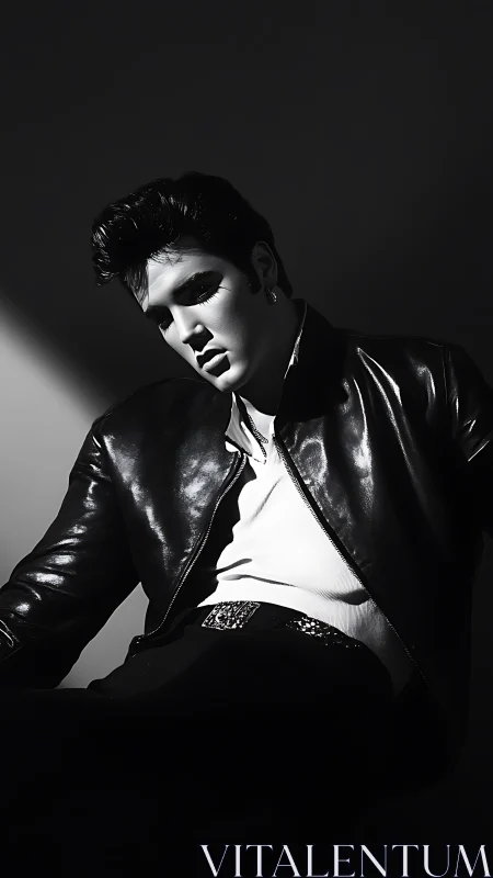 Moody portrait of leather-clad rock-style figure in shadow.