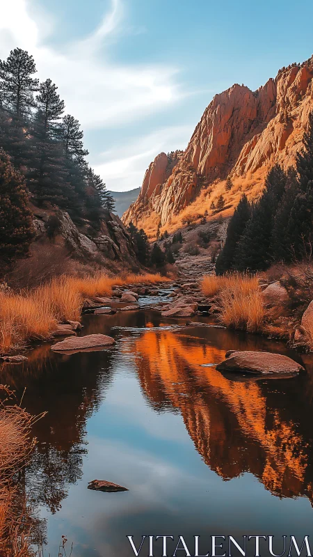Golden canyon stream reflecting sunlit mountain cliffs.
