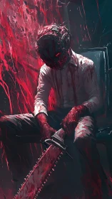 Brooding chainsaw figure in swirling crimson shadows.