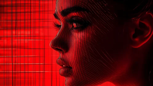 Neon-lit female profile merges with glitching red grid lines.