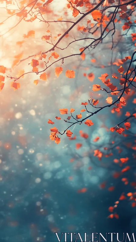 Autumn embers drift through misty blue morning lightscape.