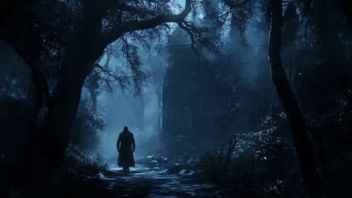 Solitary figure entering moonlit rain-soaked haunted forest.