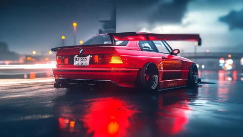 Scarlet street racer prowls neon rain at midnight speed.