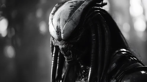 Alien warrior portrait in high contrast monochrome noir.