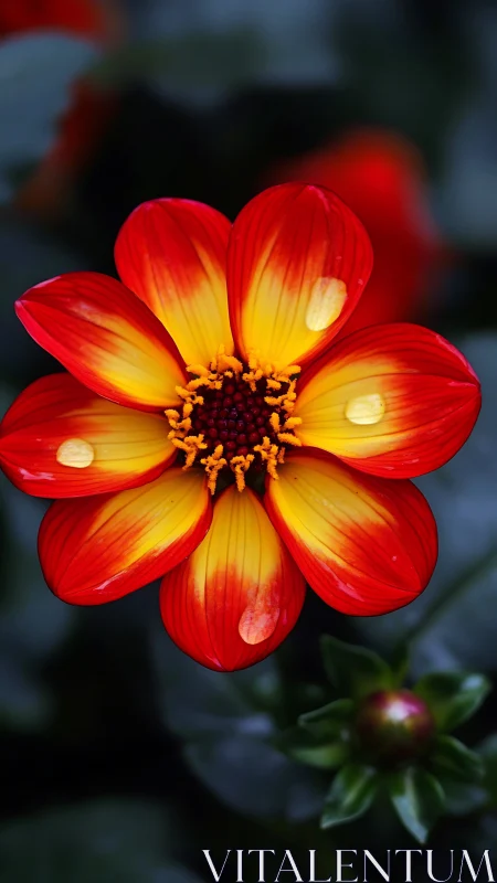 Red and Yellow Dahlia Flower with Concentric Petal Architecture.