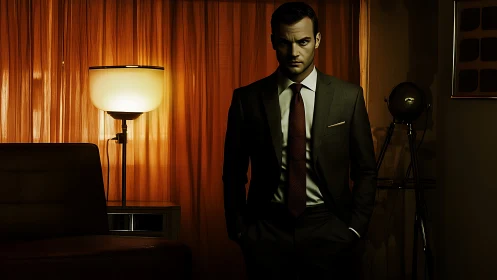 Cinematic low‑key portrait of businessman in moody interior.