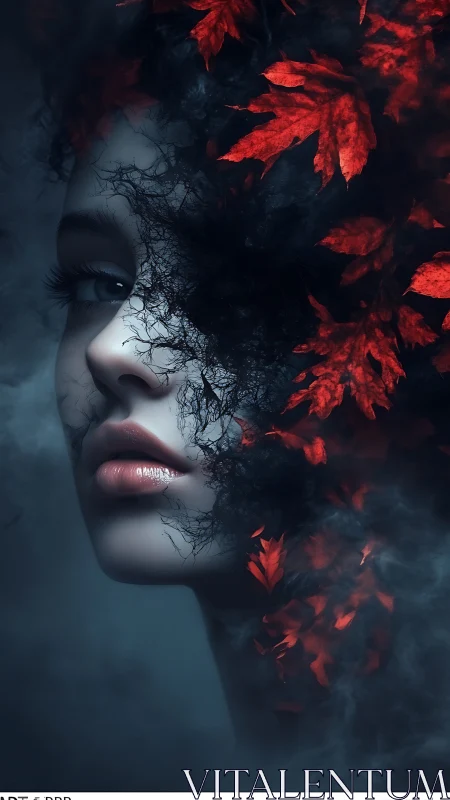 Woman’s face merges with black smoke and vivid red leaves