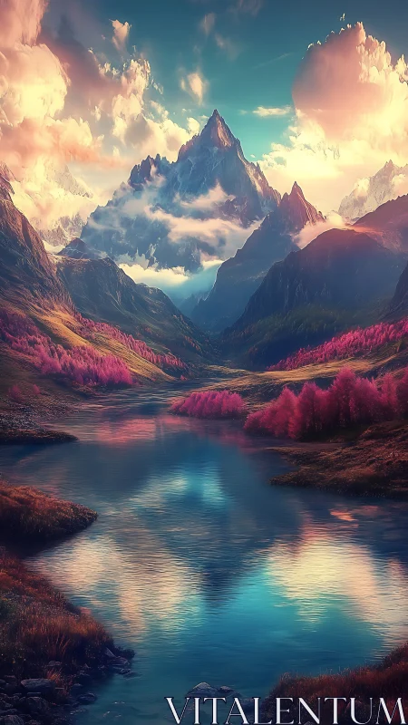 Dreamy pink valley cradling a towering mountain peak.