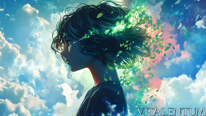 Skylit profile with dissolving leaves and radiant clouds.