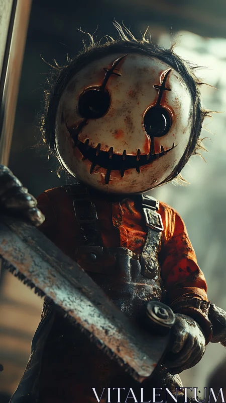 Grim doll butcher with bloody mask and rusted saw.