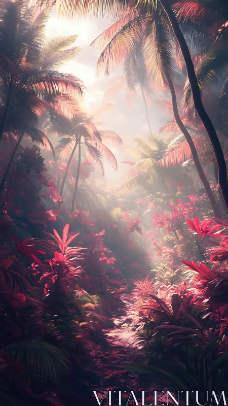 Tropical foliage lines a narrow path under diffused light