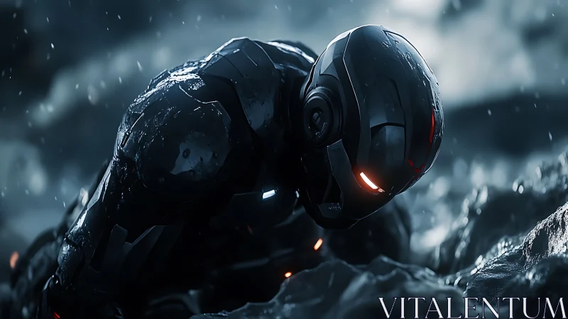 Rain-soaked cyber soldier rises from shattered obsidian shore