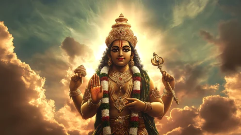 Sunlit goddess rises through stormlit clouds in golden calm