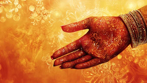 Ornate henna hand illustration with radiant warm backdrop.