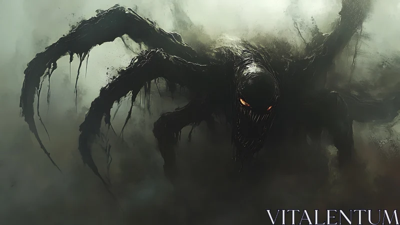 Shadowy monster emerges through mist with glowing orange eyes.