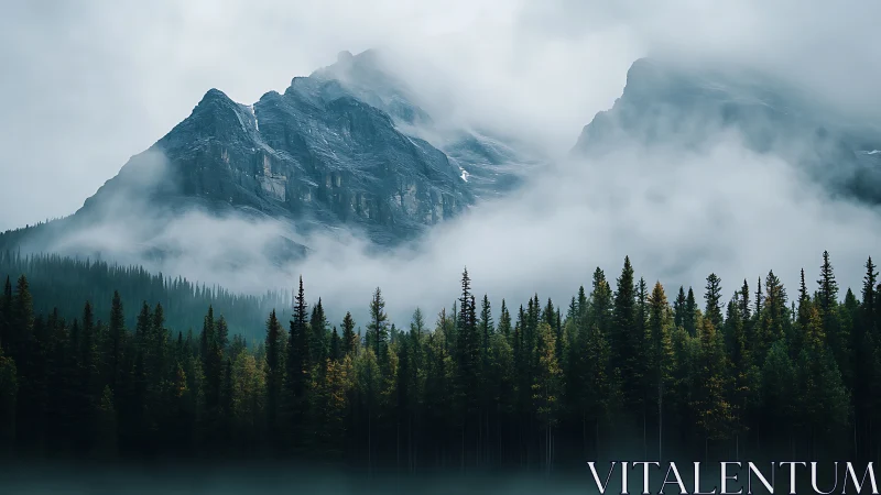 Mist-draped mountain guardians loom above a whispering pine sea