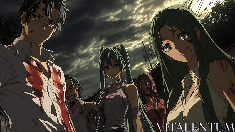 Bloodstained anime survivors under storm-laden dusk sky.