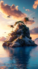 Tropical Island Paradise at Golden Sunset.