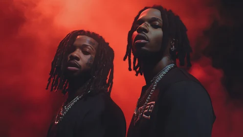 Rap duo stands in red smoke with dramatic side lighting