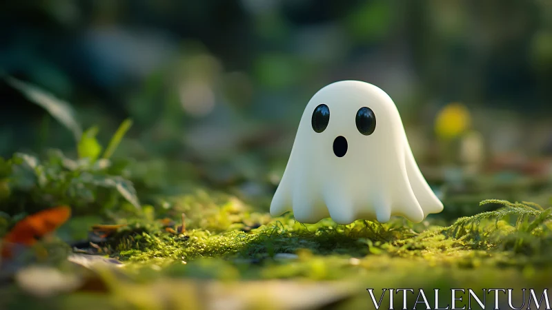 Cute white ghost figure on mossy forest floor at dawn.