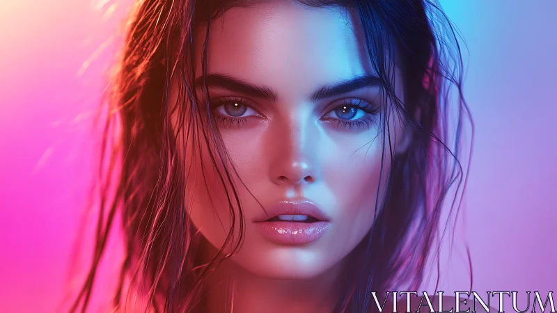 Bicolor neon portrait with hyperreal wet-skin specular mapping.