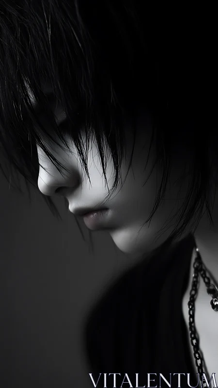 Monochrome emo portrait with soft side profile and chain.