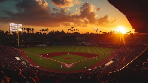 Sunlit baseball stadium with evening game in progress.