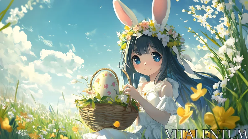 Anime girl in spring meadow with basket and rabbit ear headband