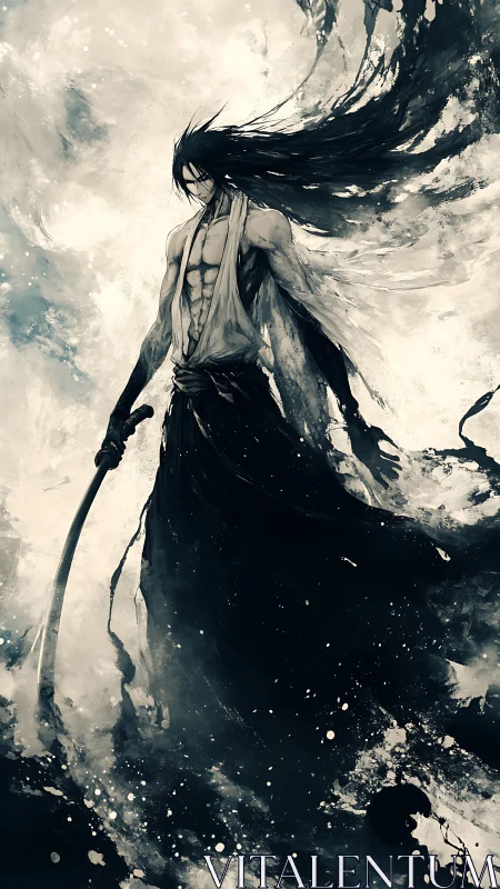 Monochrome warrior study with dynamic ink-splatter abstraction.