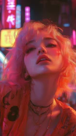 Neon-lit cyberpunk portrait with pink bokeh hair glow and tilt