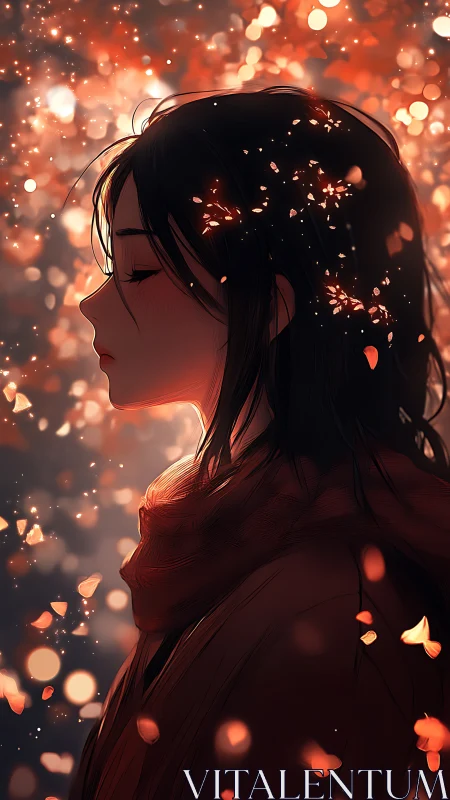 Side profile of a girl in red scarf amid drifting light forms